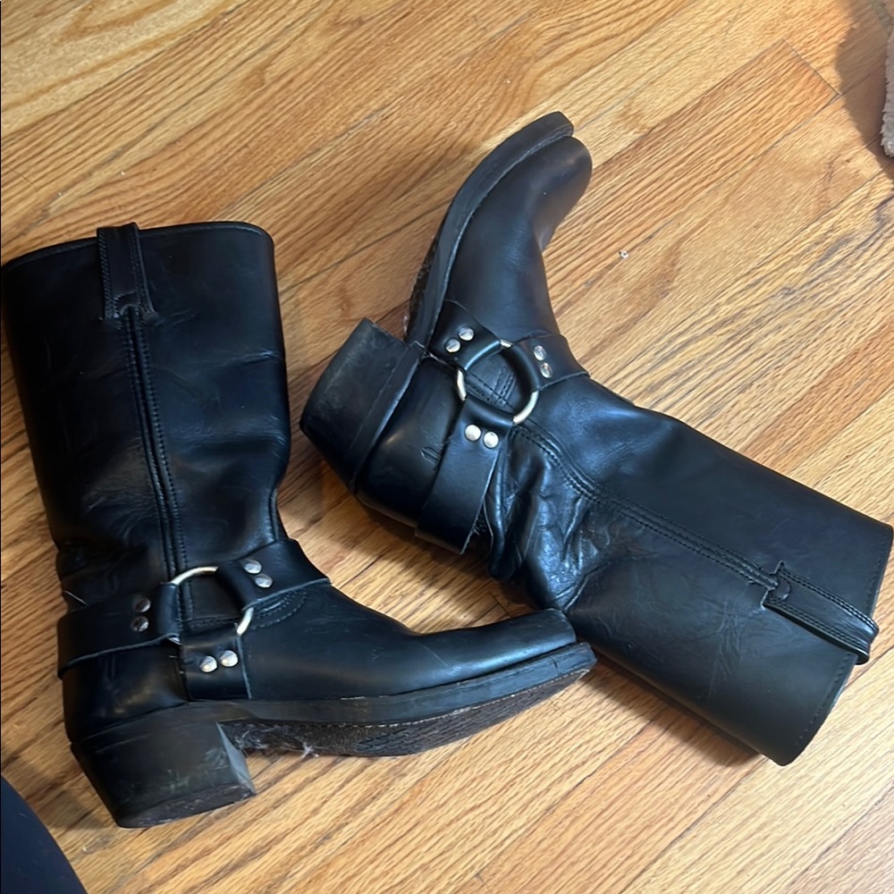 Black Leather Mid-Calf Boots with Buckle Detail